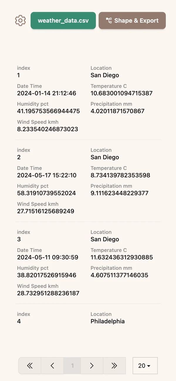 Data Pottery mobile interface showing list view of data